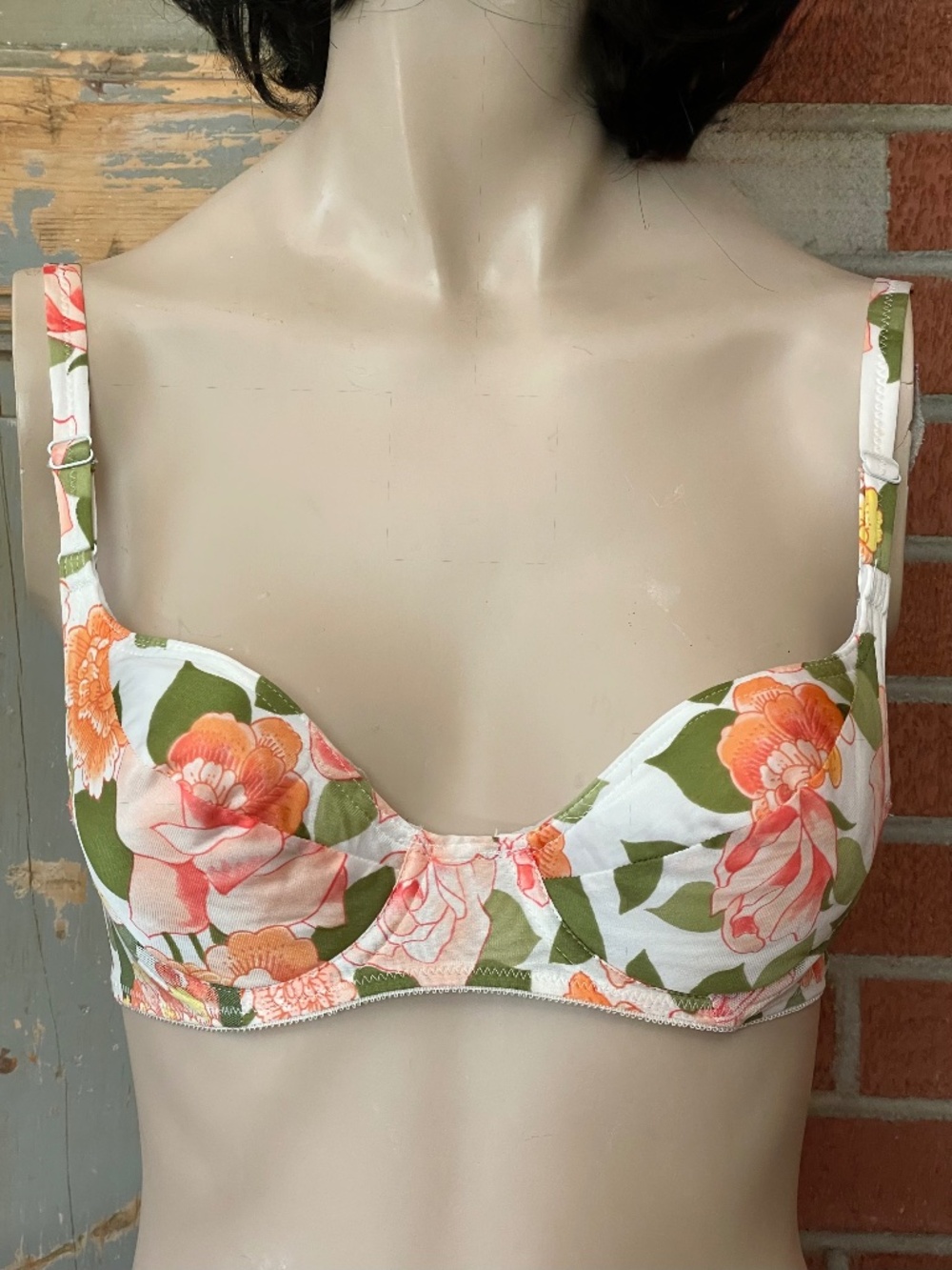 Vintage 70s Floral Satin Bra, Tangerine Pink Green Underwire Lingerie 34A